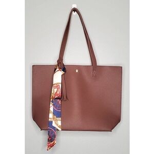 Brown‎ Faux Leather Tote Bag Scarf Top Handle PU Medium Shoulder Bag NWOT